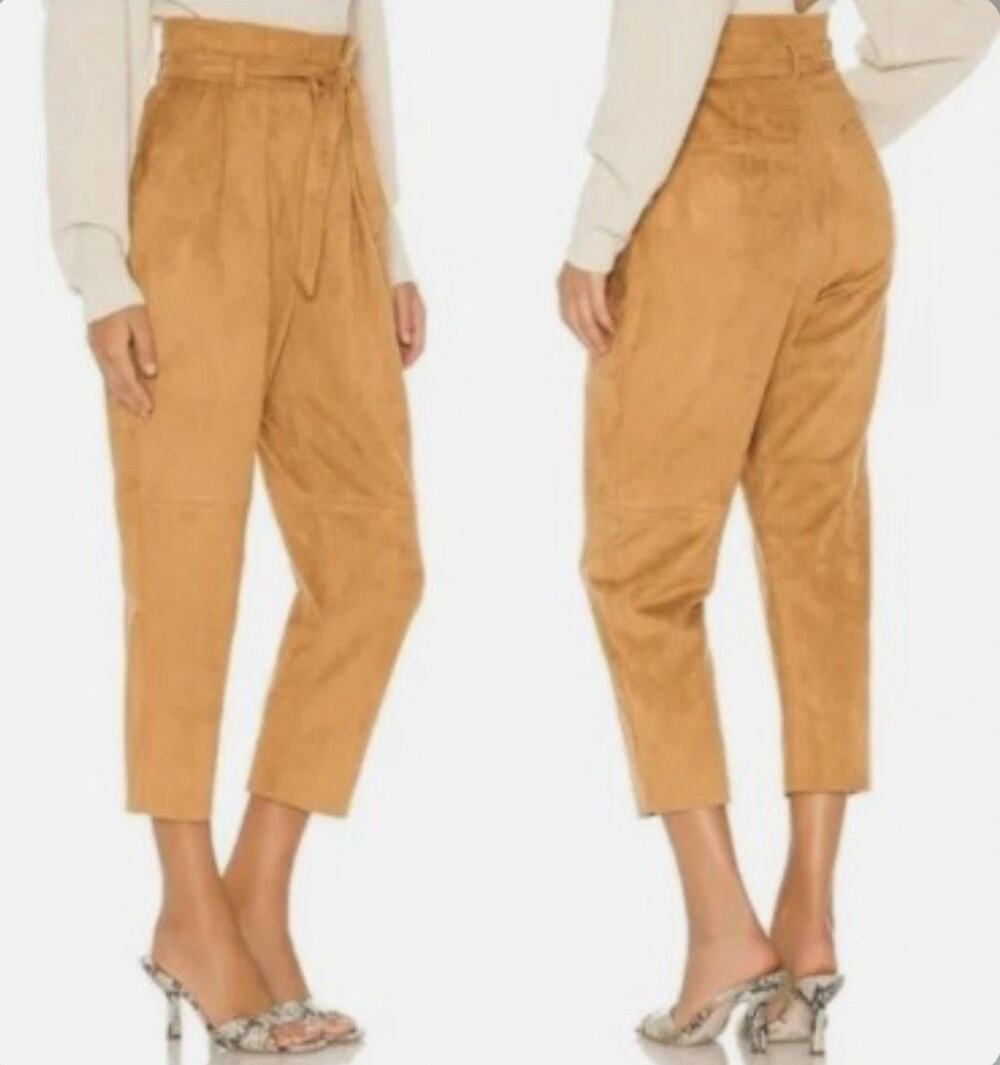 Free People Pants Womens 6 Camel Faux Suede Nightfall Tapered Pleat Raw Hem